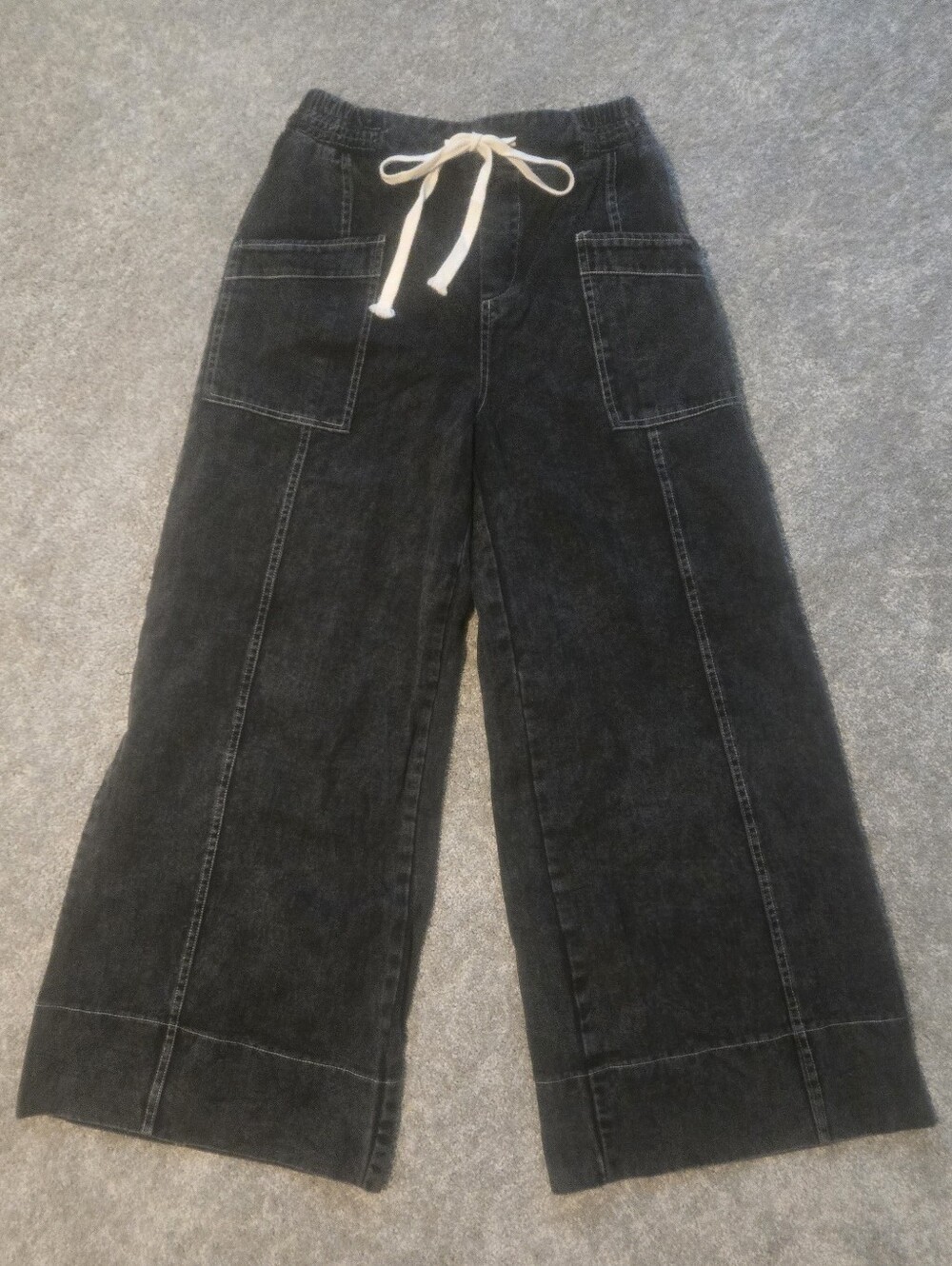 Mineral Wash Black Wide Leg Cargo Utility Carpenter Pants Drawstring Size 6